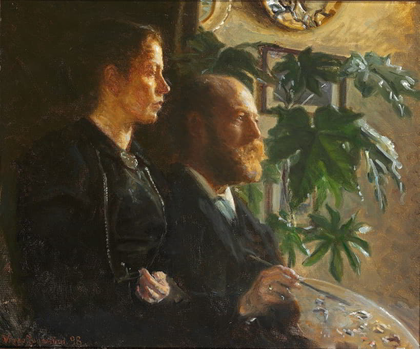 Johansen Viggo - Self portrait with palette in hand and wife martha
