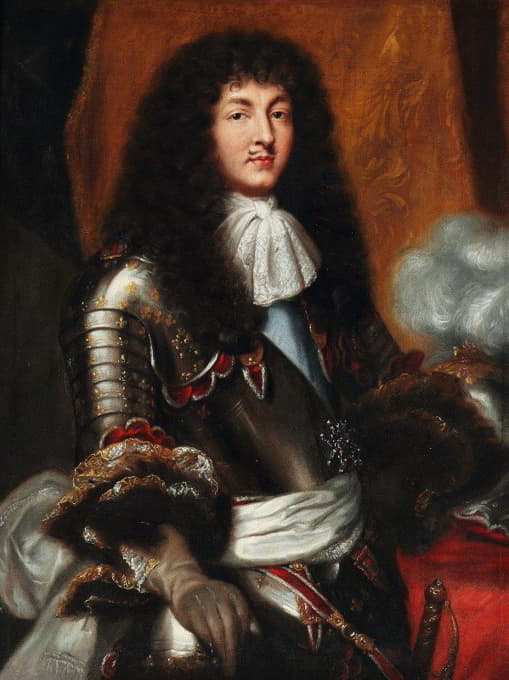 路易十四戴着深色的全底假发和盔甲