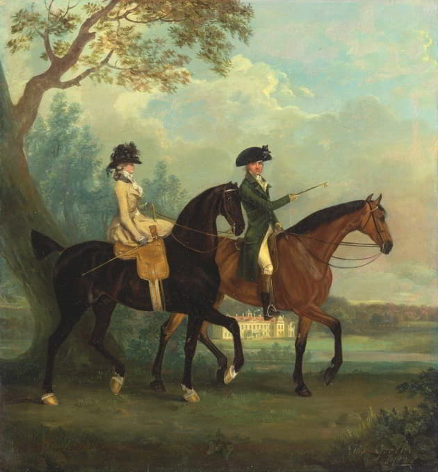 玛西娅·皮特和她的兄弟乔治·皮特，后来是第二男爵·里弗斯，在斯特拉特菲尔德公园骑马…