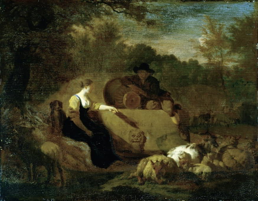 牧羊人和牧羊女带着他们的羊群在井边