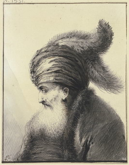 Johann Andreas Benjamin Nothnagel - Bärtiger Alter mit Turban mit zwei langen Federn im Profil nach links