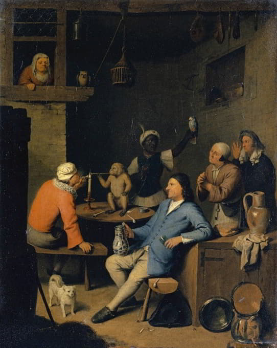Nicolas Van Haften - Society with an Ape Smoking a Pipe in a Tavern