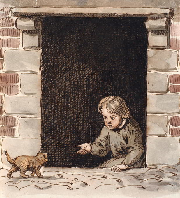 一个男孩坐在地下室的门上引诱小狗