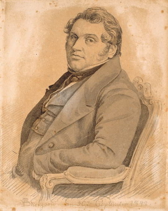 一个坐着的肥胖男子的肖像，一半，四分之三的侧面在左边