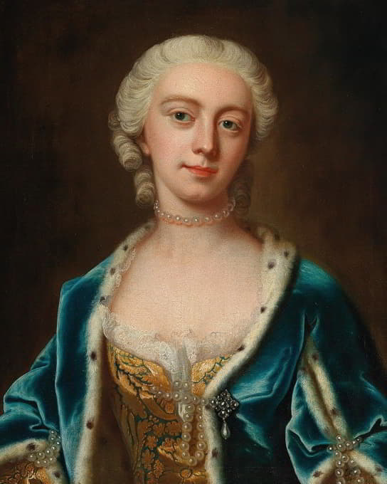 威尔士王妃奥古斯塔的肖像，戴着珍珠和貂皮衬里的蓝色斗篷