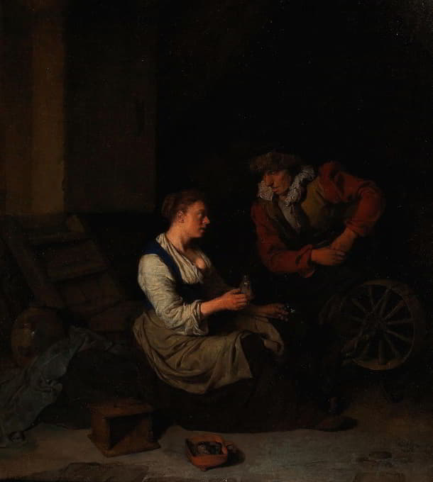 一个求婚者和一个女人坐在纺车旁