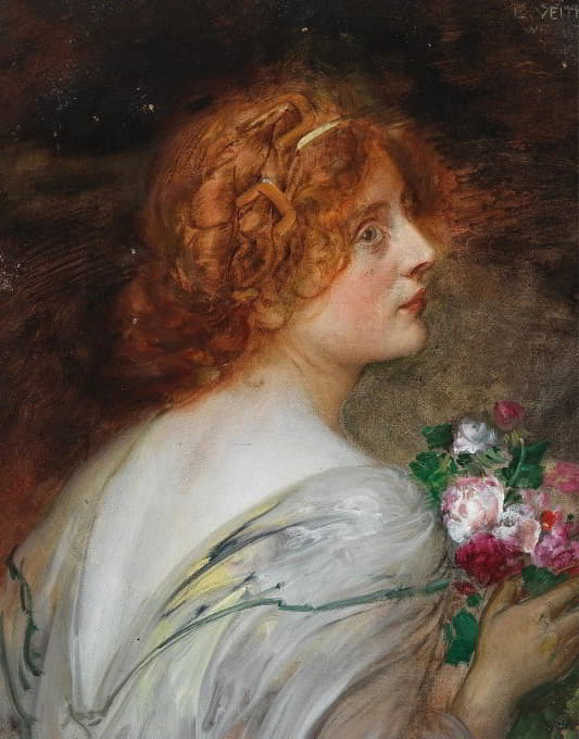 一位手持玫瑰花束的年轻女性侧面的后视图