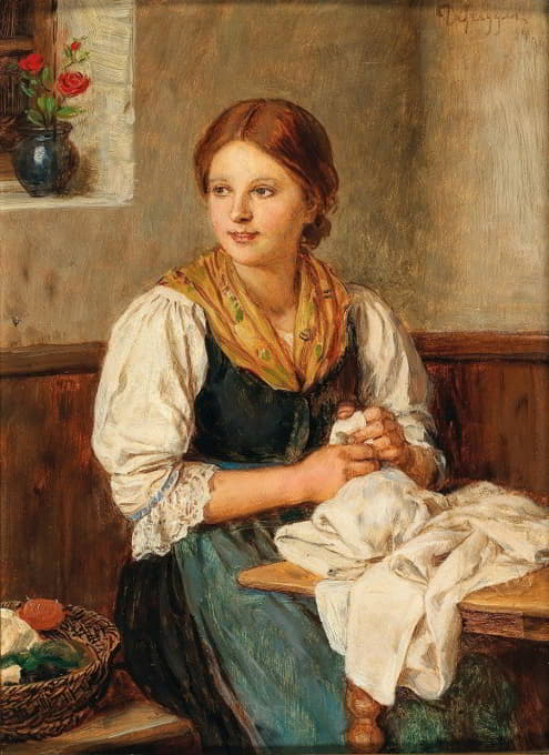 Franz von Defregger - A Young Girl In Traditional Costume Sewing At Home