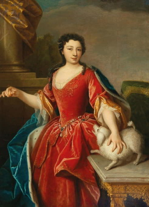 一位身穿貂皮斗篷的贵族妇女与一只狗的肖像