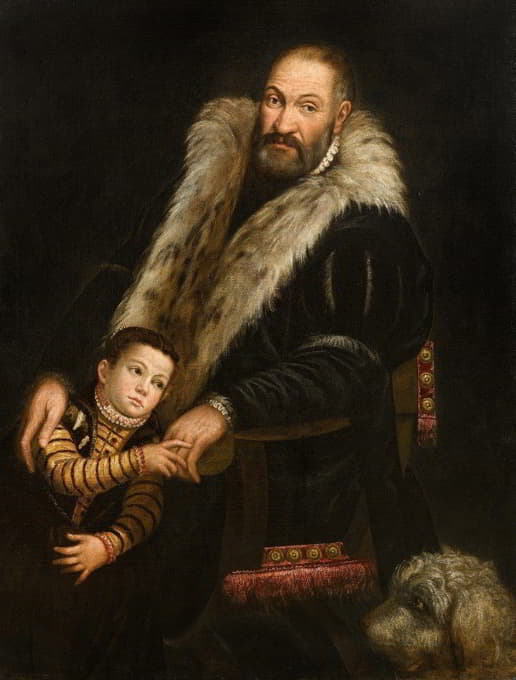 一位绅士和一个带着狗的孩子的画像
