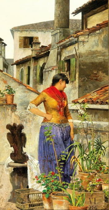 Luigi Pastega - A Young Venetian Woman On A Roof Terrace