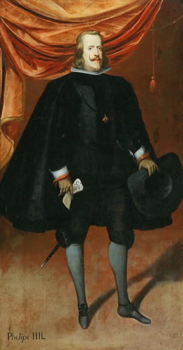 国王菲利普四世的肖像，身穿黑色衣服，戴着金羊毛勋章