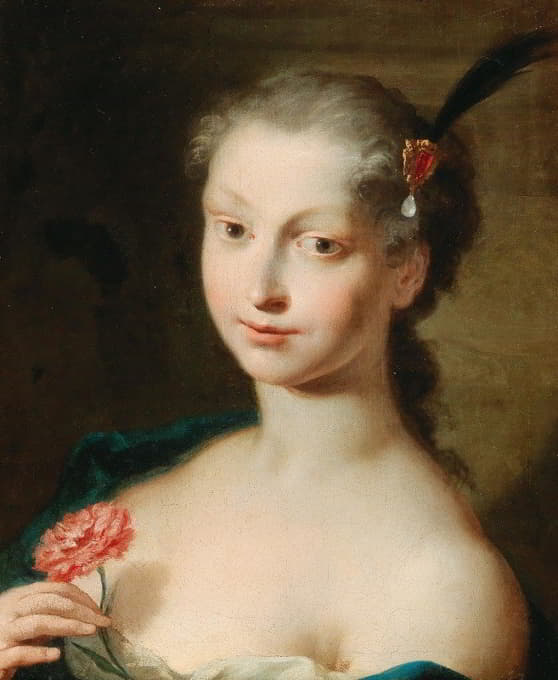 一位戴康乃馨的优雅女士的肖像