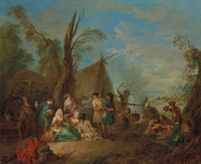 Jean-Baptiste Pater - Soldiers And Vivandières Cooking And Resting Around A Campfire, A Wagon And A Tent Beyond