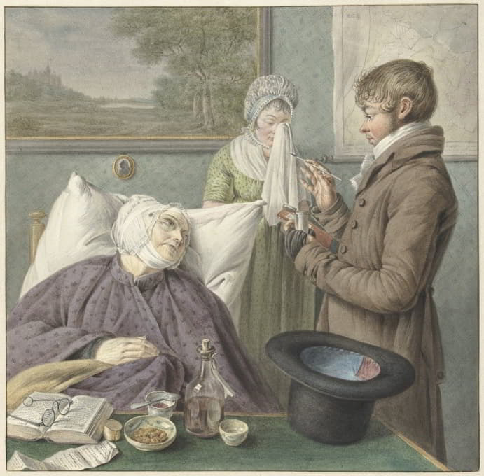 医生探望卧病在床的老妇人