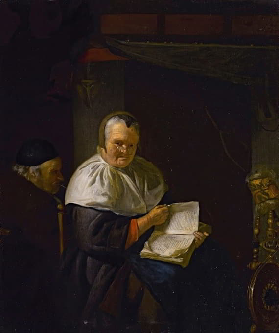 一个女人坐在纺车旁看书，一个男人吸烟