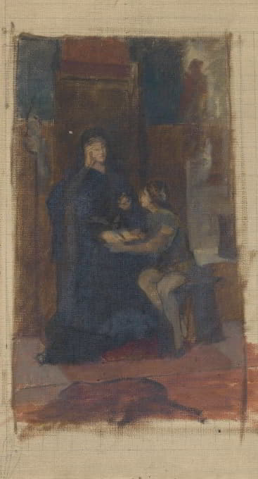 油画素描描绘了一个穿着长裙坐在室内的女人，她面前是一张坐着的书页，上面有一本打开的书