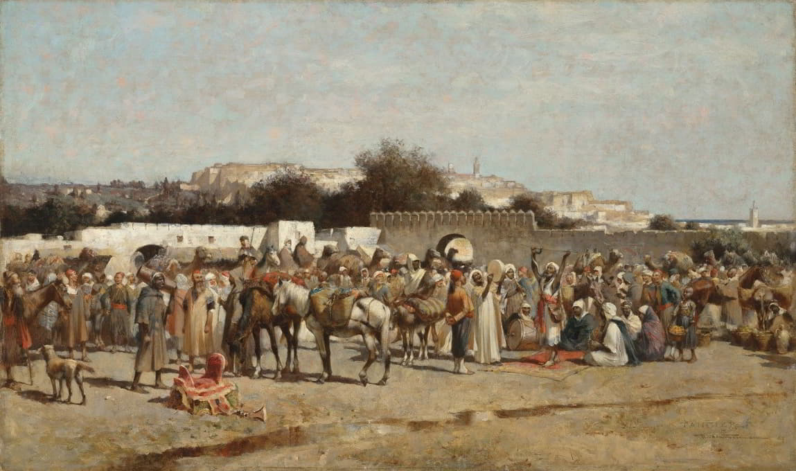 Alfred Wordsworth Thompson - A bustling market place at the city wall, Tangiers