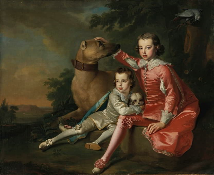 罗克斯堡第二公爵罗伯特·克尔的儿子约翰和罗伯特的肖像，穿着范戴克的服装，带着他们的两只狗