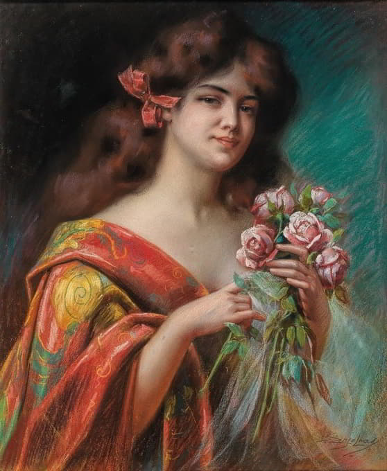 一位穿着睡衣手持玫瑰的女士的肖像