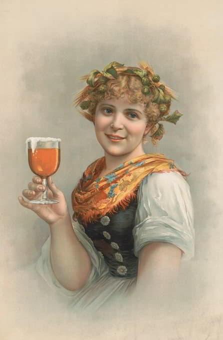 半身像，一个女人戴着一个啤酒花和大麦花环，手里拿着一杯啤酒