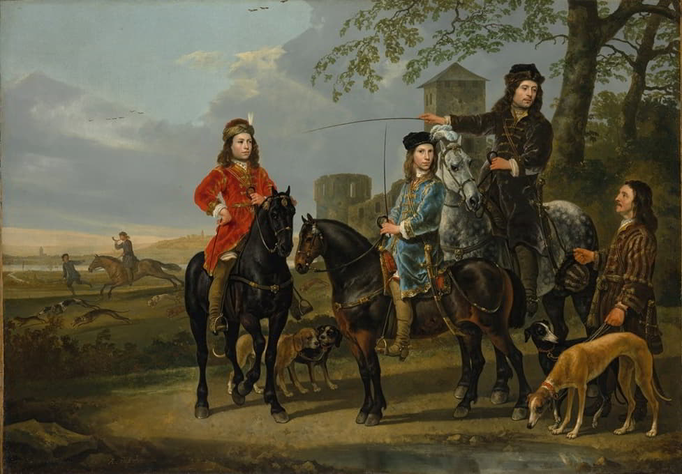 科内利斯（1639-1680）和米切尔·蓬佩·范·米尔德沃特（1638-1653）及其导师和车夫的马术肖像