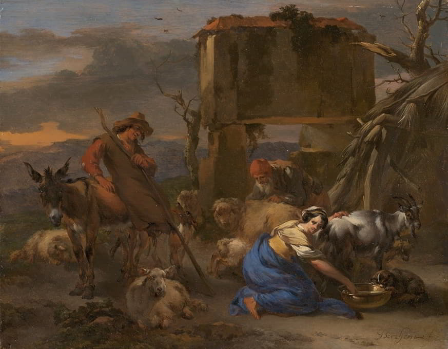 Nicolaes Pietersz. Berchem - Pastoral Scene with a Shepherdess Milking a Goat