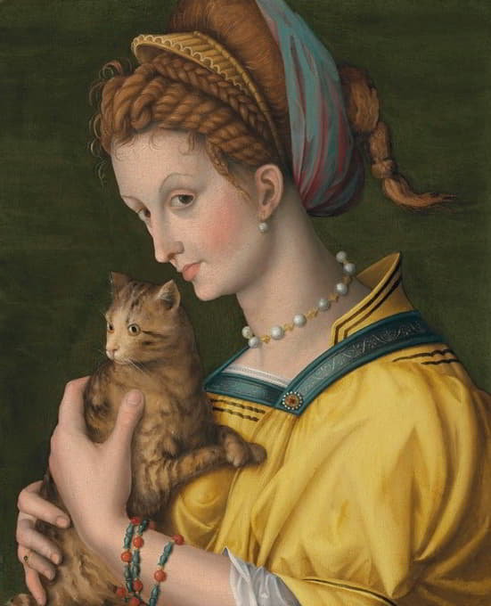 一位年轻女士牵着一只猫的肖像