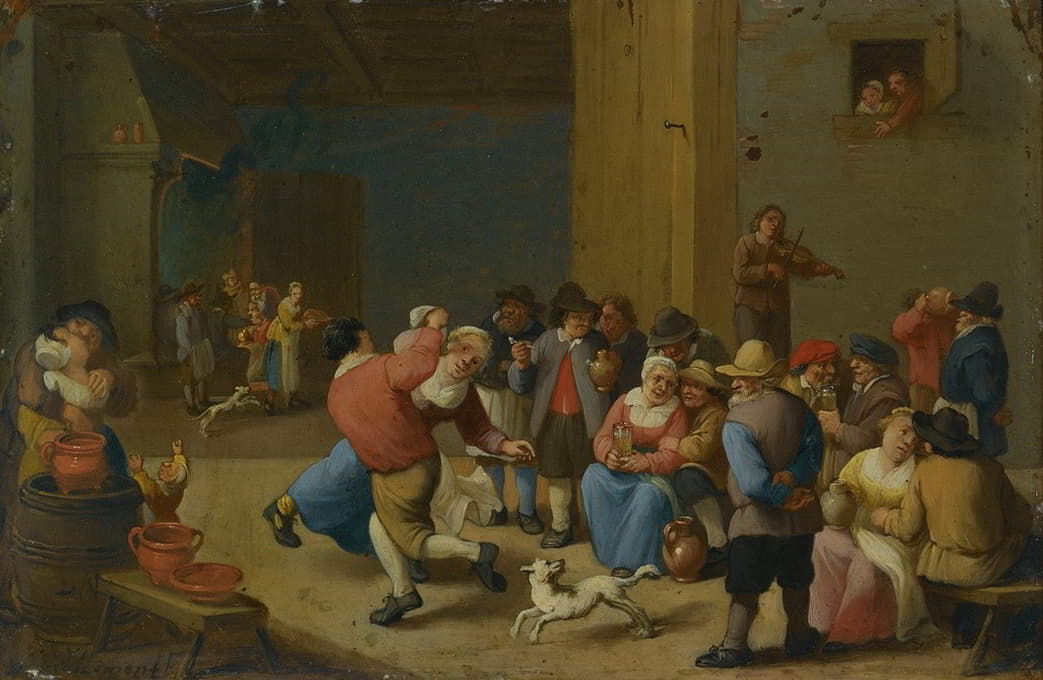 Mattheus van Helmont - A Tavern Interior With Drinking And Dancing Peasants