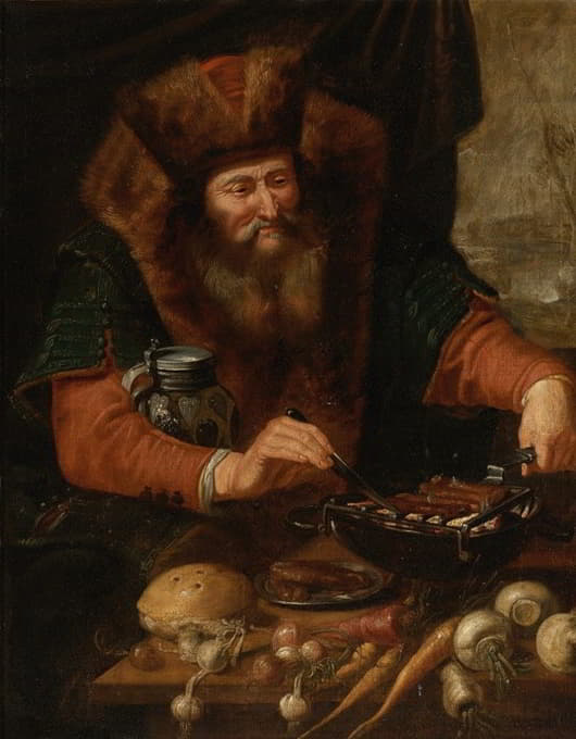 Artus Wolfaerts - Bearded Man Cooking Sausages