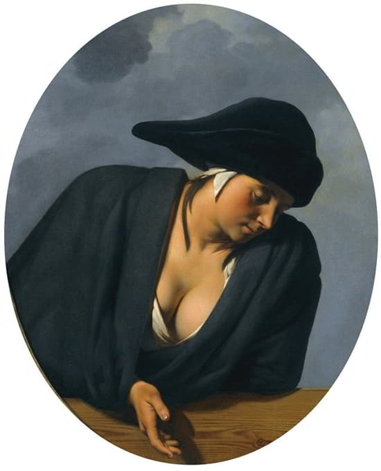 一位农妇，戴着一顶黑帽子，倚在一个木制的窗台上