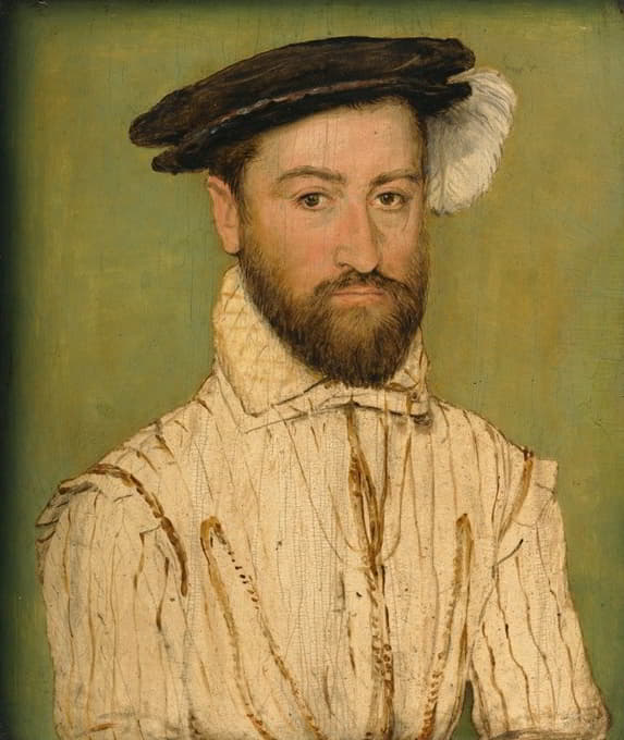 一位留着胡子的绅士的肖像，戴着黑色贝雷帽，白色羽毛