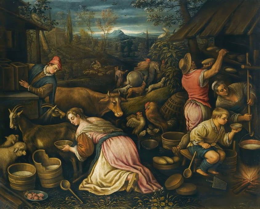 Leandro Bassano - Spring – A Village Scene With Peasants Milking Goats And Baking Bread