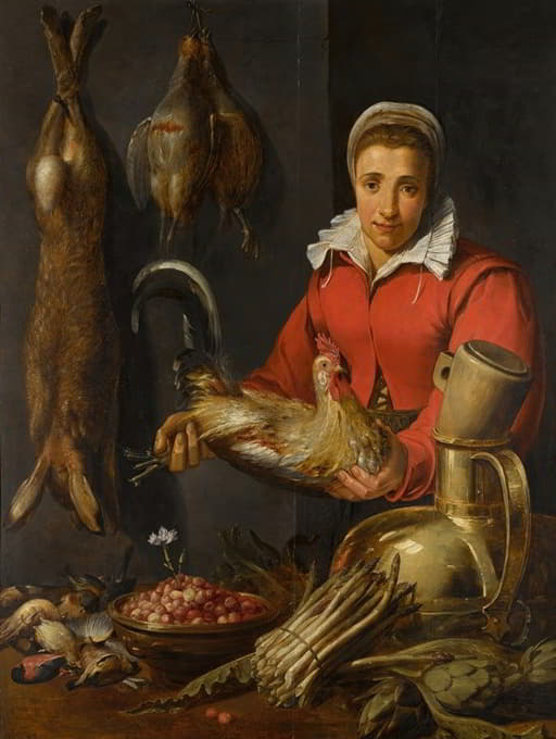 一位手持一只公鸡、野味、芦笋、朝鲜蓟、器皿和一碗野生草莓的女商人