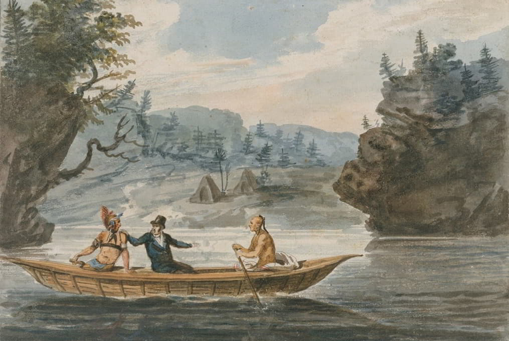 两个印第安人和一个坐独木舟的白人