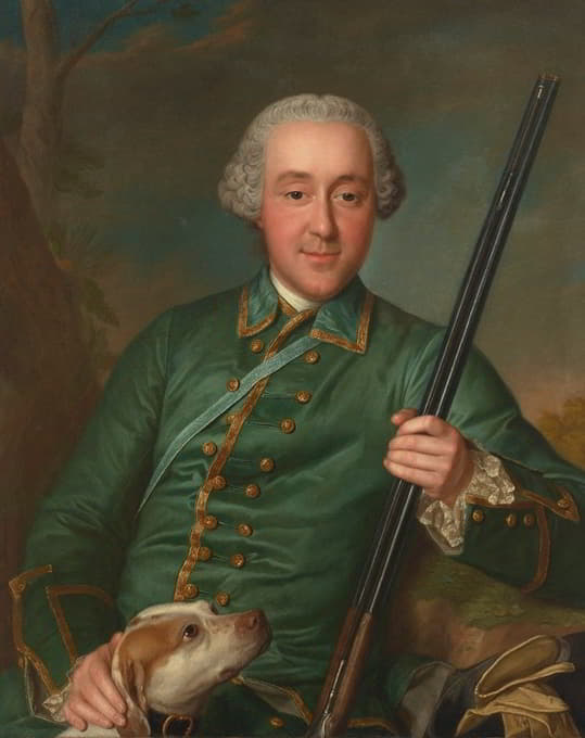 Nicholas Anne de Lisle手持步枪和猎犬的肖像