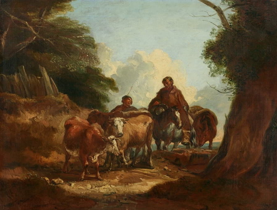 Thomas Barker Of Bath - Cowherds with cattle on a dirt road