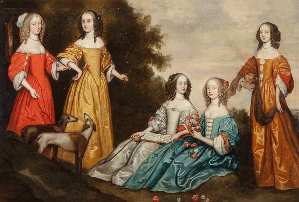 English School - Group portrait of five women in a landscape