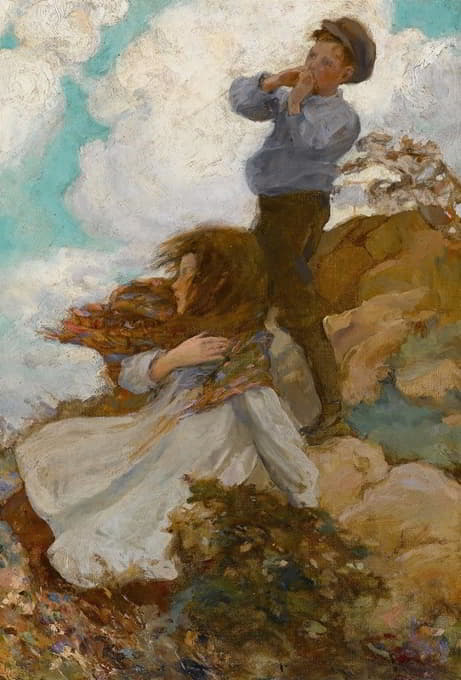 两个孩子在风吹的山丘上