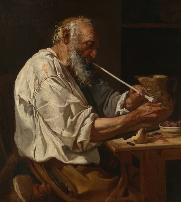 Johann Carl Loth - Old Peasant Lighting a Pipe