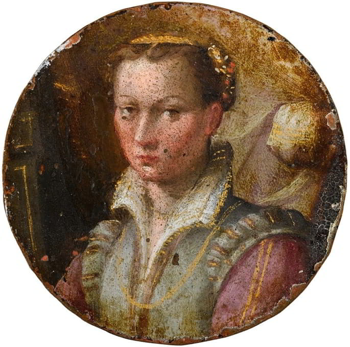 一位年轻女子的肖像，胸围长，身穿绿色连衣裙，粉色袖子