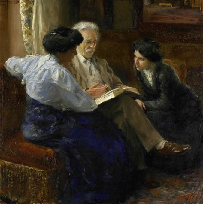 阿方斯·玛丽·安托万·约瑟夫·格兰蒙特（1837-1909），这位艺术家的第二任丈夫，正在辅导两名意大利女孩