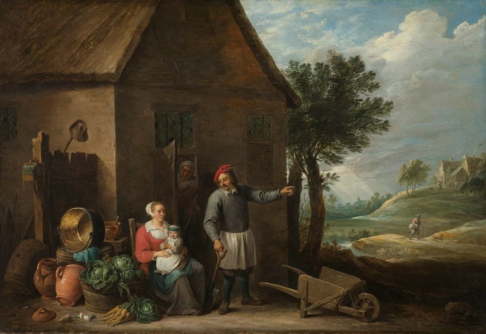 农场主和一个坐着的妇女和孩子在农舍门口