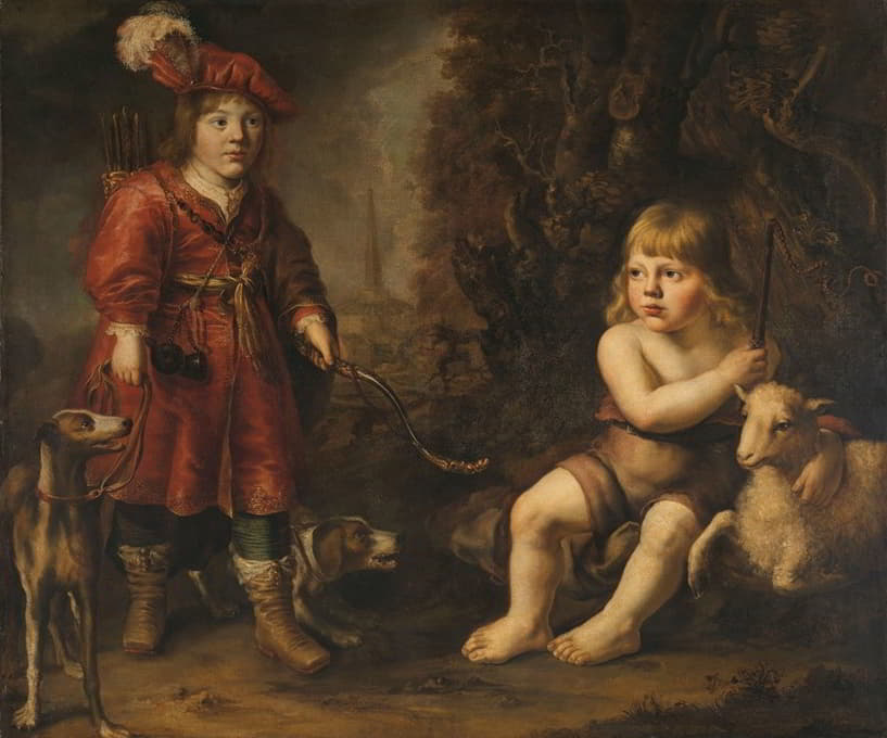风景中两个男孩的肖像，一个扮成猎人，另一个扮成施洗约翰