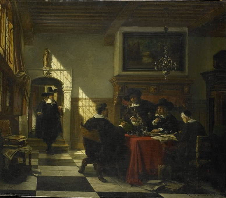 位于17世纪的一张桌子旁，桌上放着鹦鹉螺杯