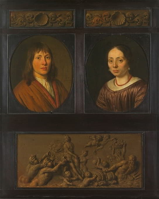 Pieter Cornelisz van Slingelandt - Portraits of a Man and a Woman framed with two ornamental frieze miniatures with shell motif and a Triumph of Amphitrite