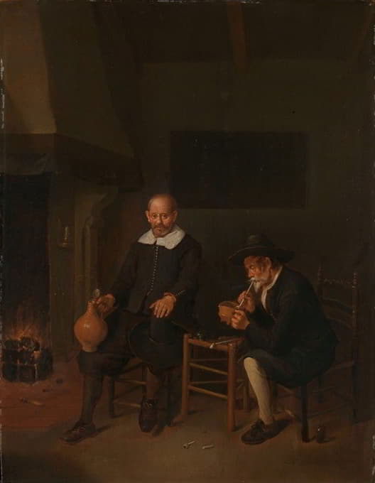 Quirijn Van Brekelenkam - Interior with Two Men by the Fireside