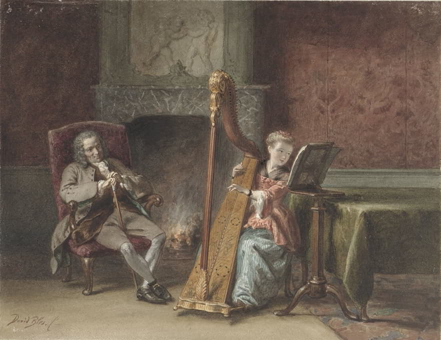 室内，一个女孩弹琴，一位绅士坐在椅子上观看