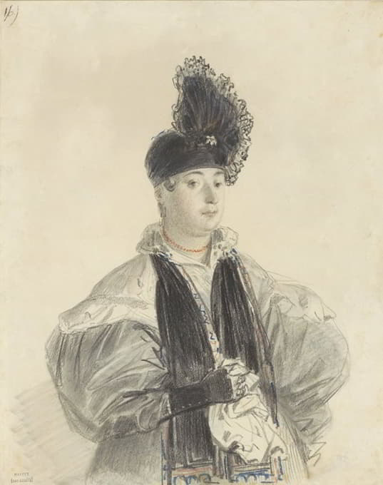 Denis Auguste Marie Raffet - Portret van een staande dame met zwarte shawl en zwarte hoed