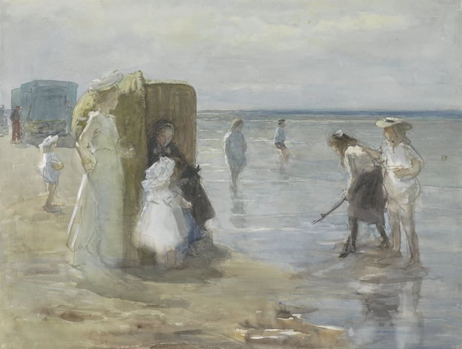 Johan Antonie de Jonge - Gezicht langs de vloedlijn aan het Scheveningse strand, met twee dames en kinderen